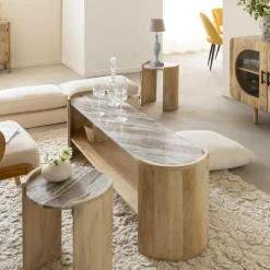 Table Basse|Meuble Tv<Made in Meubles Table basse ovale en bois de manguier et marbre Isabella