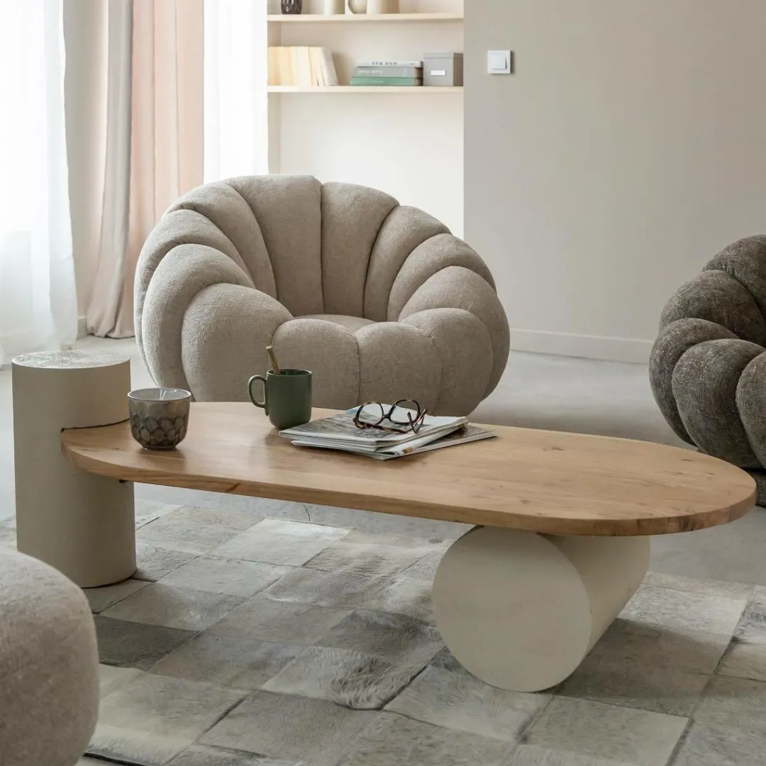 Table Basse<Made in Meubles Table basse ovale en bois effet béton et bois d'acacia Dalva