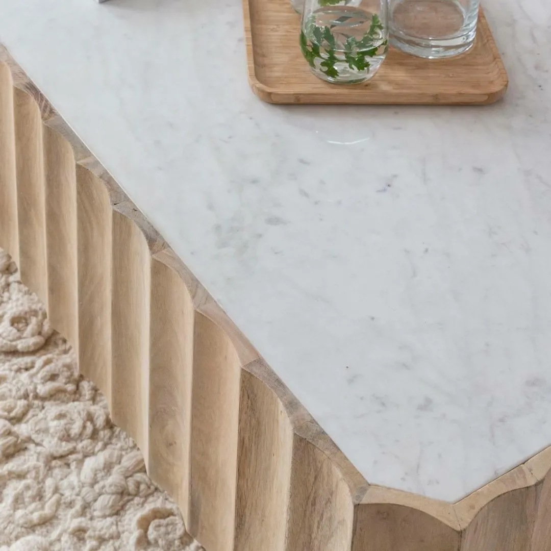 Table Basse<Made in Meubles Table basse rectangulaire en bois de manguier et marbre blanc Moana