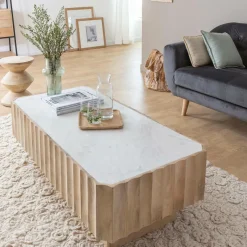 Table Basse<Made in Meubles Table basse rectangulaire en bois de manguier et marbre blanc Moana