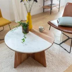 Table Basse<Made in Meubles Table basse ronde en bois d'acacia et marbre Homère