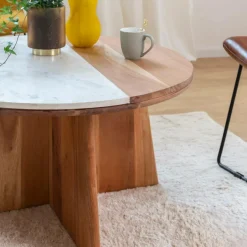 Table Basse<Made in Meubles Table basse ronde en bois d'acacia et marbre Homère