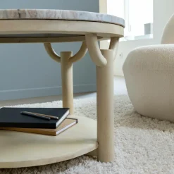 Table Basse<Made in Meubles Table basse ronde en bois de manguier et marbre Isabella