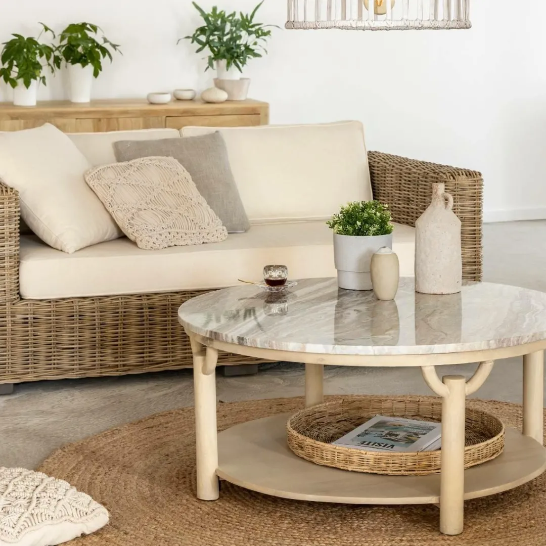 Table Basse<Made in Meubles Table basse ronde en bois de manguier et marbre Isabella