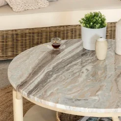 Table Basse<Made in Meubles Table basse ronde en bois de manguier et marbre Isabella