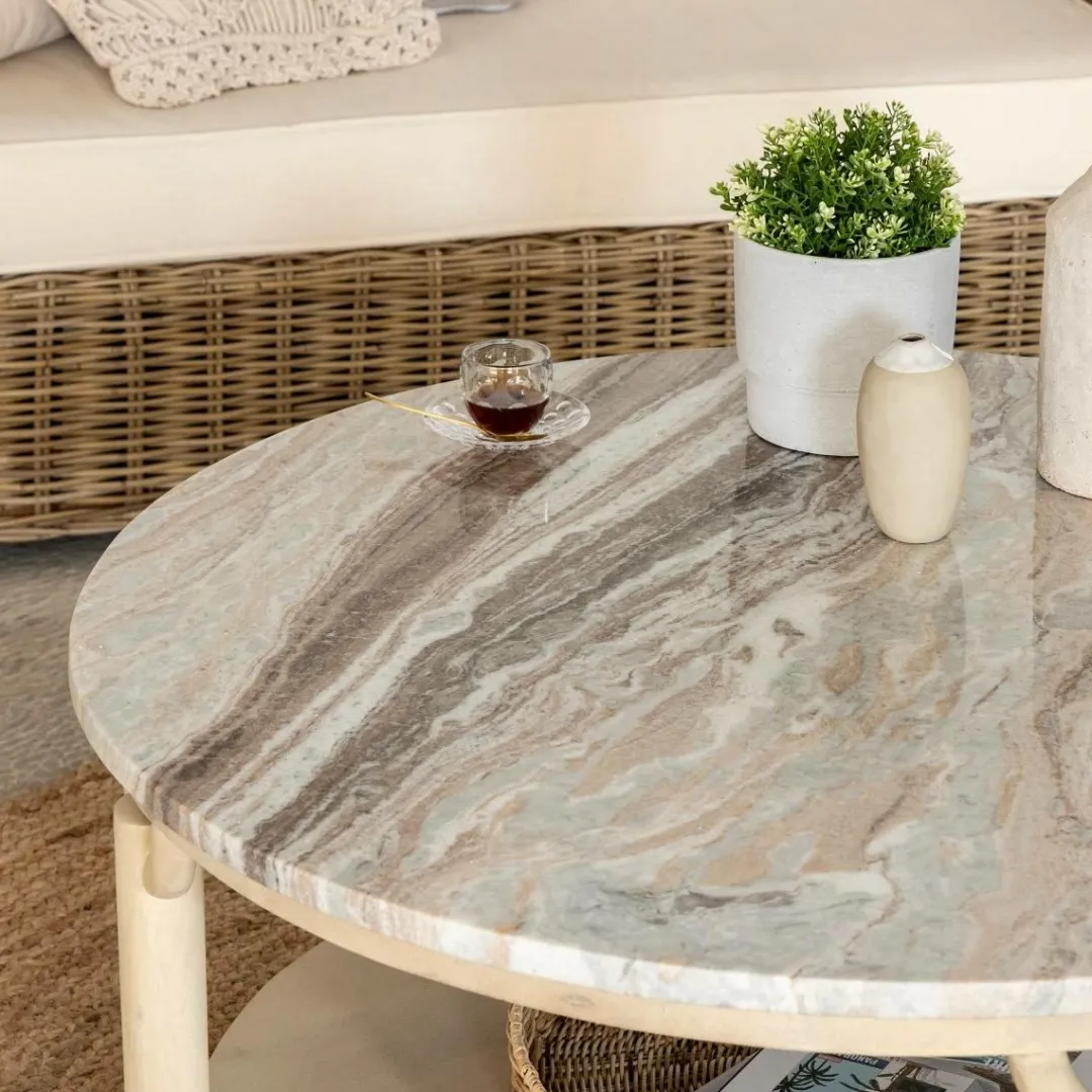 Table Basse<Made in Meubles Table basse ronde en bois de manguier et marbre Isabella