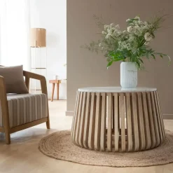 Table Basse<Made in Meubles Table basse ronde en bois de manguier et marbre blanc Moana