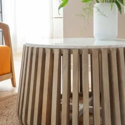 Table Basse<Made in Meubles Table basse ronde en bois de manguier et marbre blanc Moana