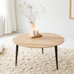 Table Basse<Made in Meubles Table basse ronde en bois de manguier et métal Aimée