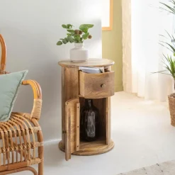 Chevet<Made in Meubles Table de chevet ronde en bois de manguier avec porte Maëva